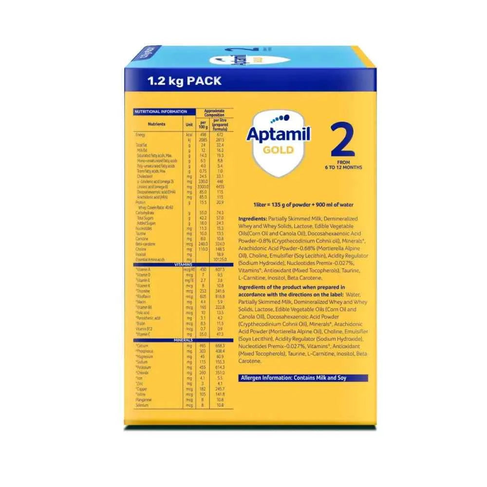 Aptamil Gold Infant Formula Milk Powder for Babies - Stage 2 (6-12 Months) - with Prebiotics and DHA - 1.2 kgs - Large Pack