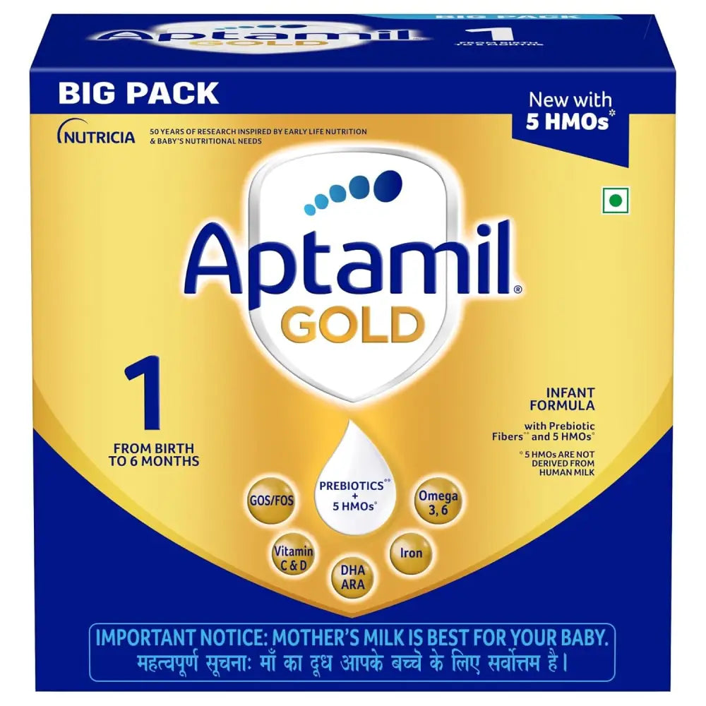 Aptamil Gold Infant Formula Milk Powder for Babies - Stage 1 (Upto 6 Months) - with 5 HMOs Prebiotics and DHA - 1.2 kgs