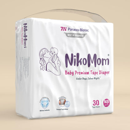 NikoMom Tape Diaper New Born (NB) Up to 270ml storage capacity for Babies Weighing upto 5 Kg Pack of 30 Diapers