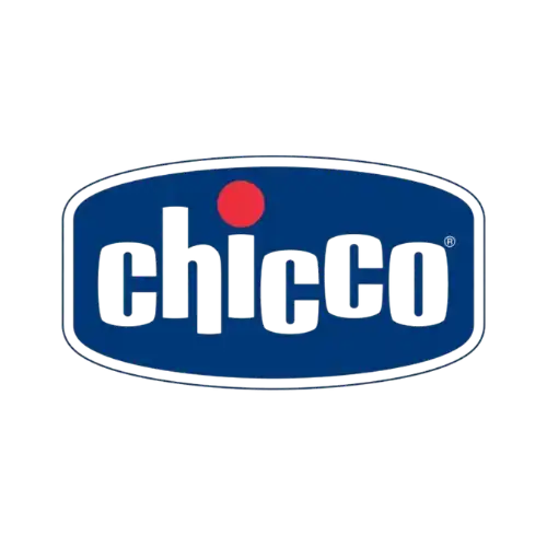 A blue oval logo with the word ’chicco’ in a gray, shadowed font and a red dot above the ’i’.