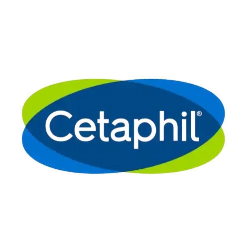 A dark blue oval logo with a partial lime green border, featuring the word ’Cetaphil’ in a light grey font.