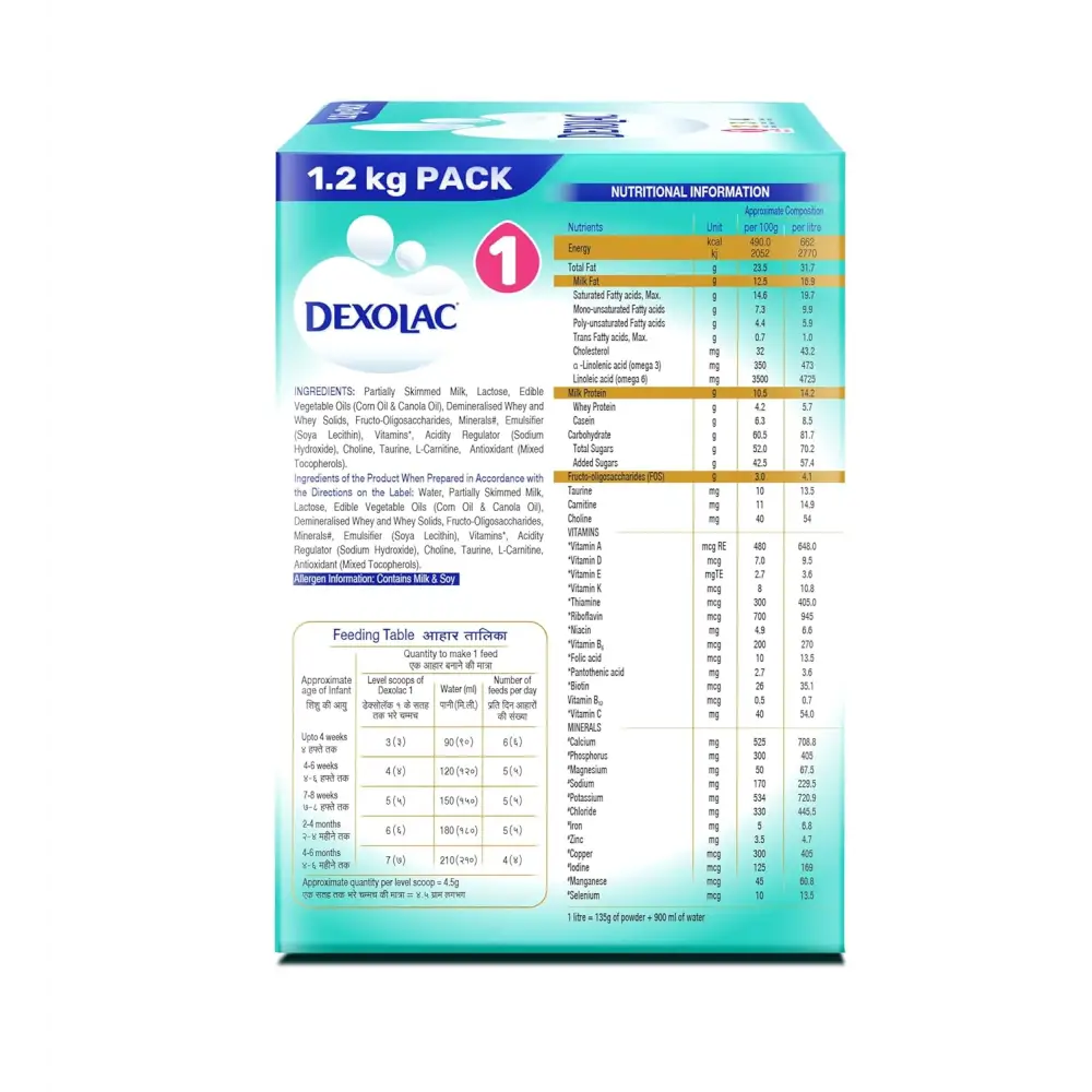 Dexolac Infant Formula Milk Powder for Babies - Stage 1 (Upto 6 Months) - with FOS and 36 Vital Nutrients - 1.2 Kg