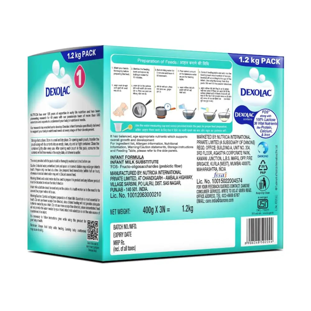 Dexolac Infant Formula Milk Powder for Babies - Stage 1 (Upto 6 Months) - with FOS and 36 Vital Nutrients - 1.2 Kg