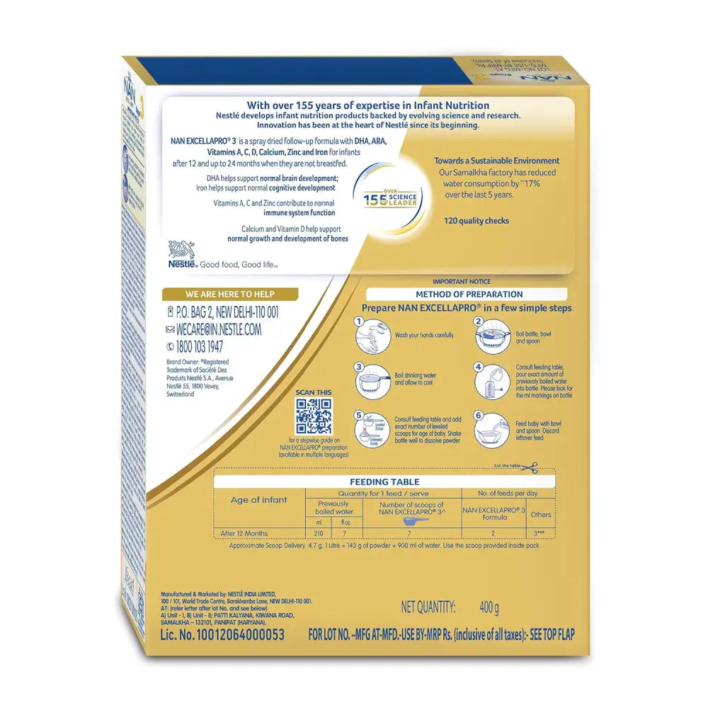 EXCELLAPRO Nan Stage 3 Follow-Up Formula Milk Powder For Babies (After 12 Months) With Dha-Ara 400g Bag-In-Box Pack