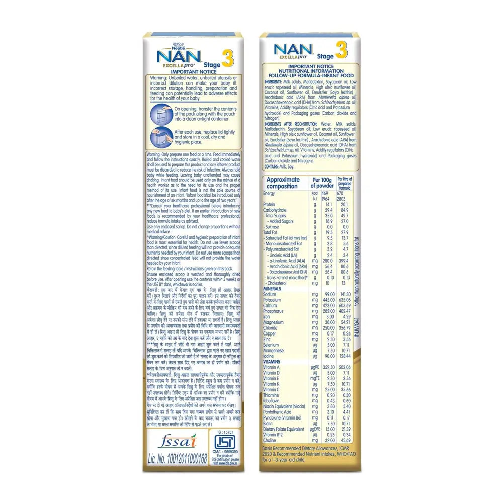 EXCELLAPRO Nan Stage 3 Follow-Up Formula Milk Powder For Babies (After 12 Months) With Dha-Ara 400g Bag-In-Box Pack