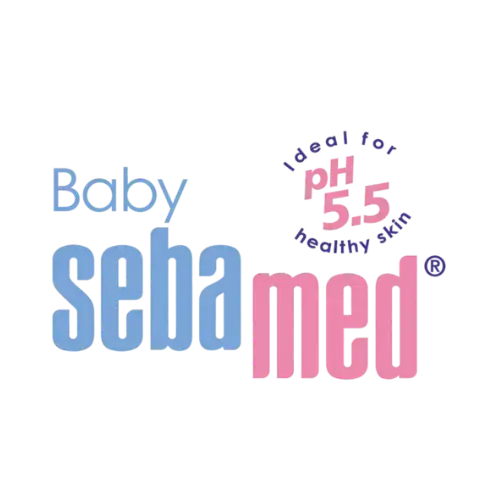 A logo for ’Baby Sebamed’ in blue and pink, with additional text ’pH 5.5’’ and ’Dermatologist Recommended’.