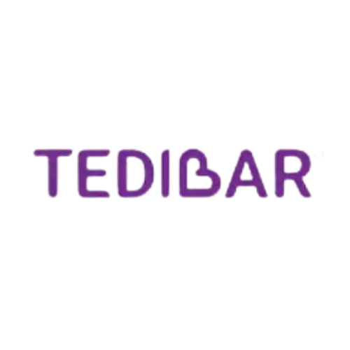 Purple bubble letters spelling ’TEDIBAR’.