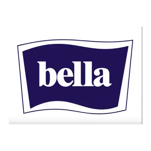 A purple rectangular label with wavy top and bottom edges, featuring the word ’bella’ in white, sans-serif font.